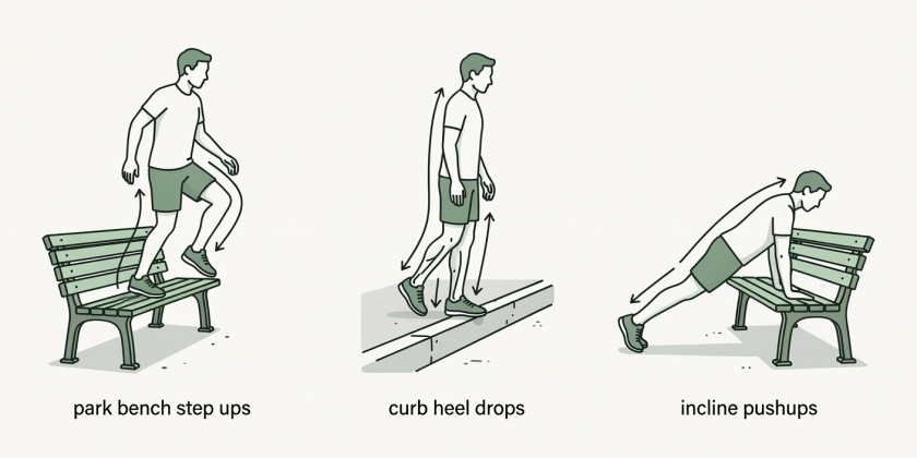 Graphic illustrations showing form cues for park bench step ups, curb heel drops, and incline pushups