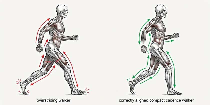 Diagram contrasting an overstriding walker against a correctly aligned compact cadence walker